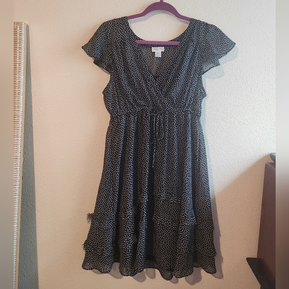 Motherhood Maternity Dress Black‎ Polka Dot Tie Waist Sheer Ruffle Short Sleeves